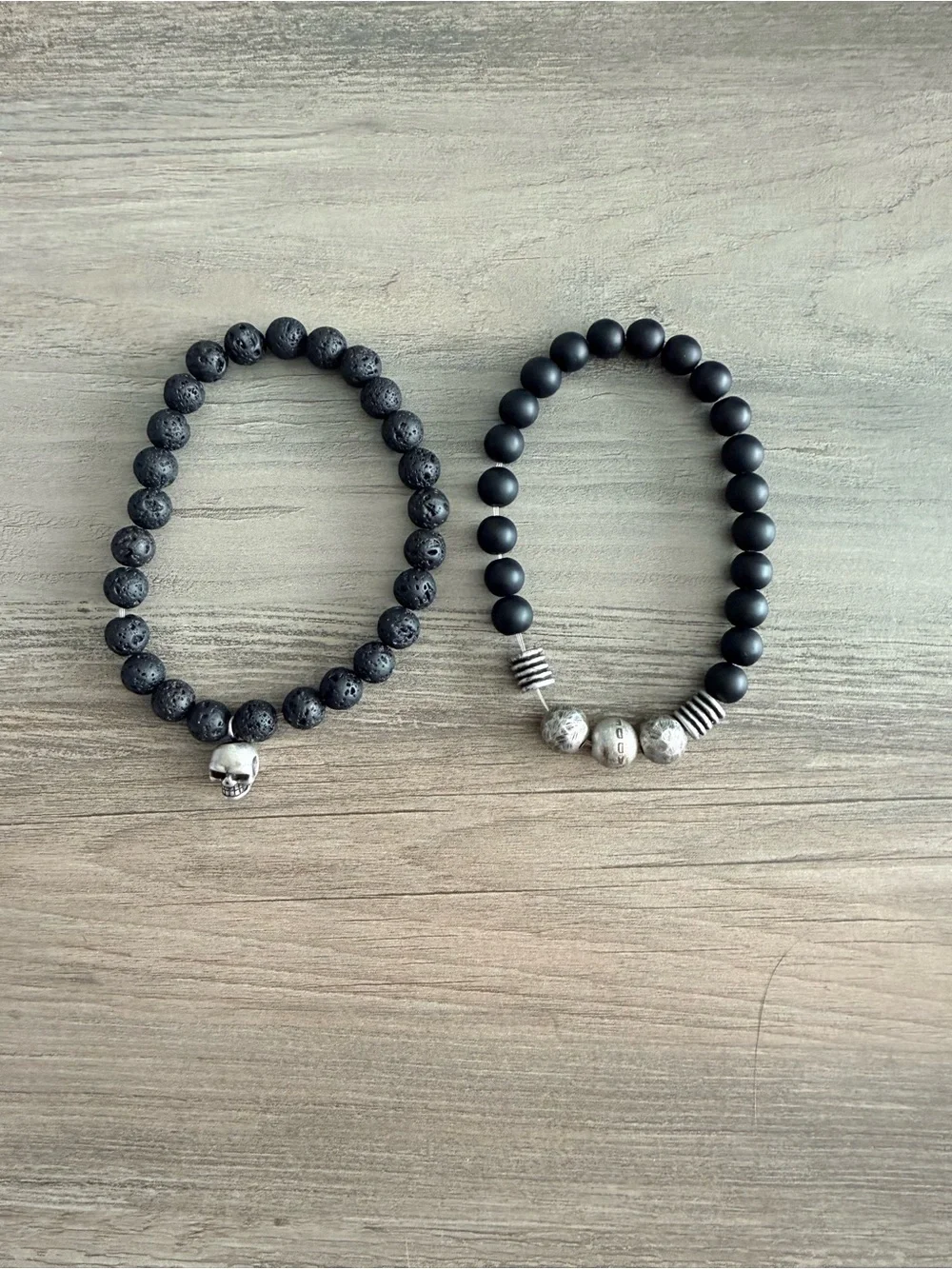 Steve Madden Men's Black Beaded Bracelet Stack with Silver Skull Accent